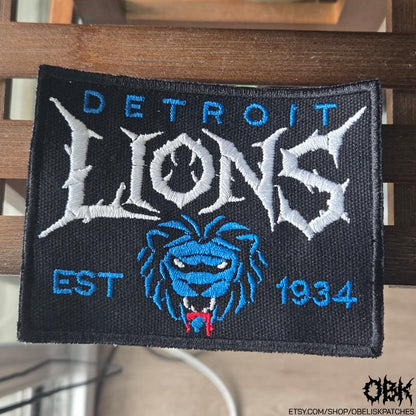 Detroit Lions Death Metal Style Patch ~ High Quality Embroidery, Durable Weatherproof Canvas