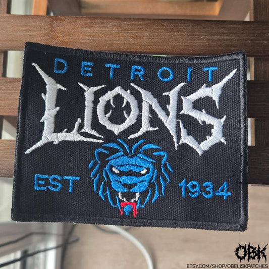 Detroit Lions Death Metal Style Patch ~ High Quality Embroidery, Durable Weatherproof Canvas